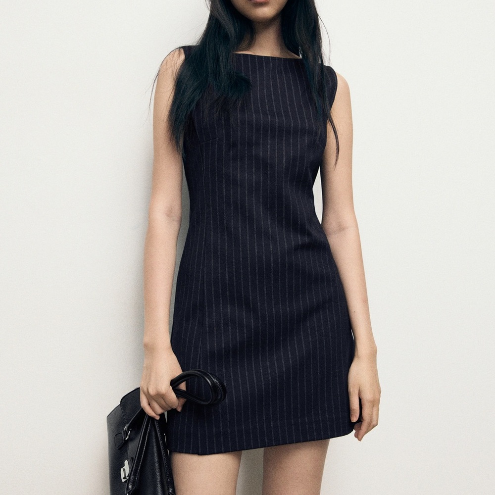 Mango Navy and White Striped Midi Dress